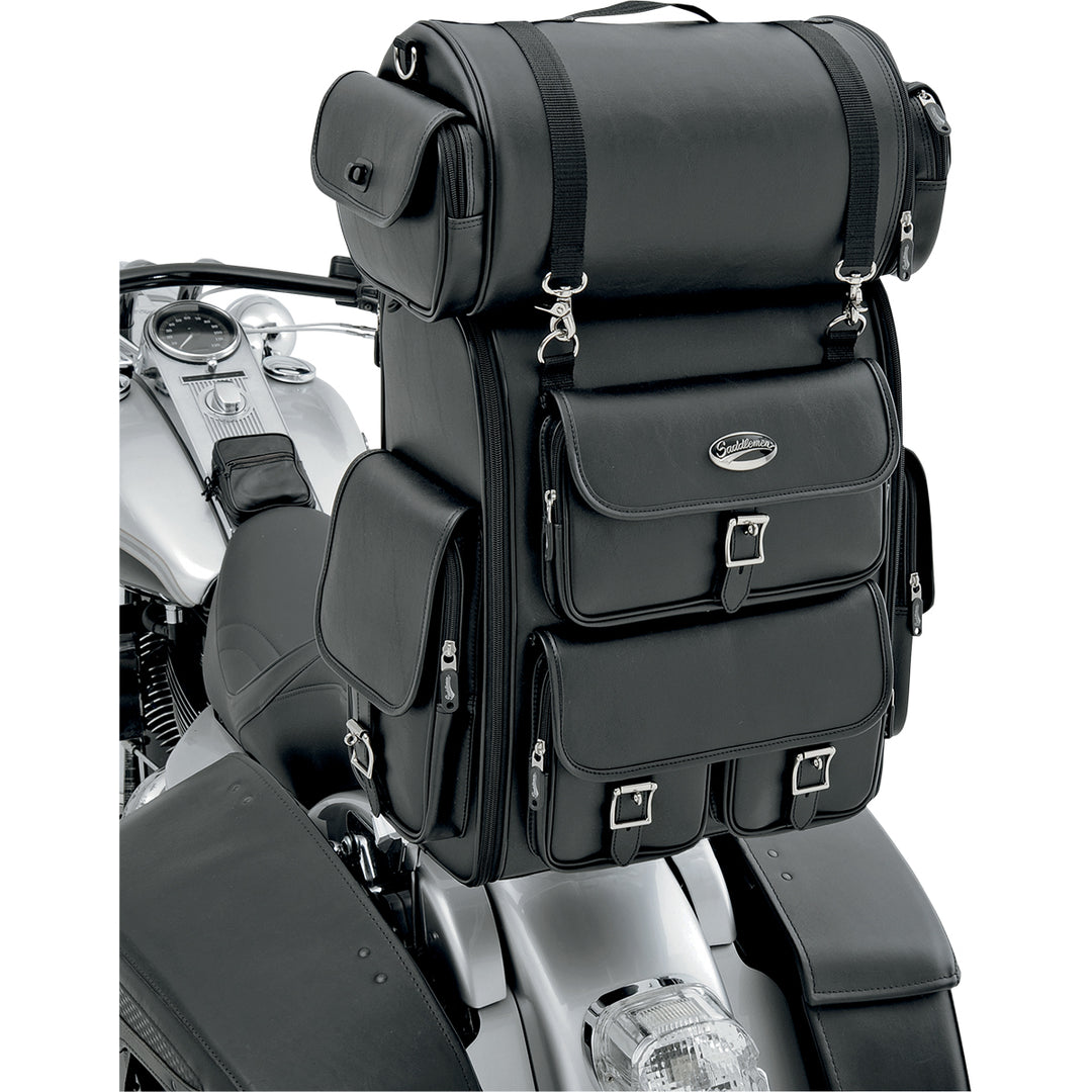 SADDLEMEN EX2200 Sissy Bar Bag with Roll Bag - Front Side View Attached to Passenger Backrest
