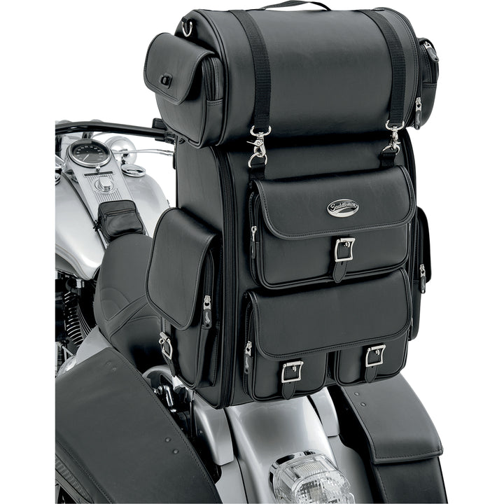 SADDLEMEN EX2200 Sissy Bar Bag with Roll Bag - Front Side View Attached to Passenger Backrest