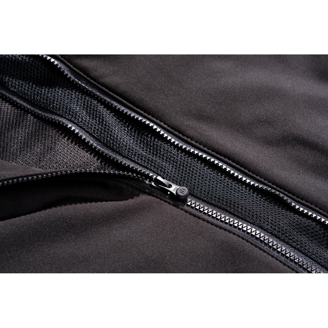 ICON Basehawk 2 Jacket Black - Close-Up of Partially Unzipped Front Zipper with Expanded Mesh