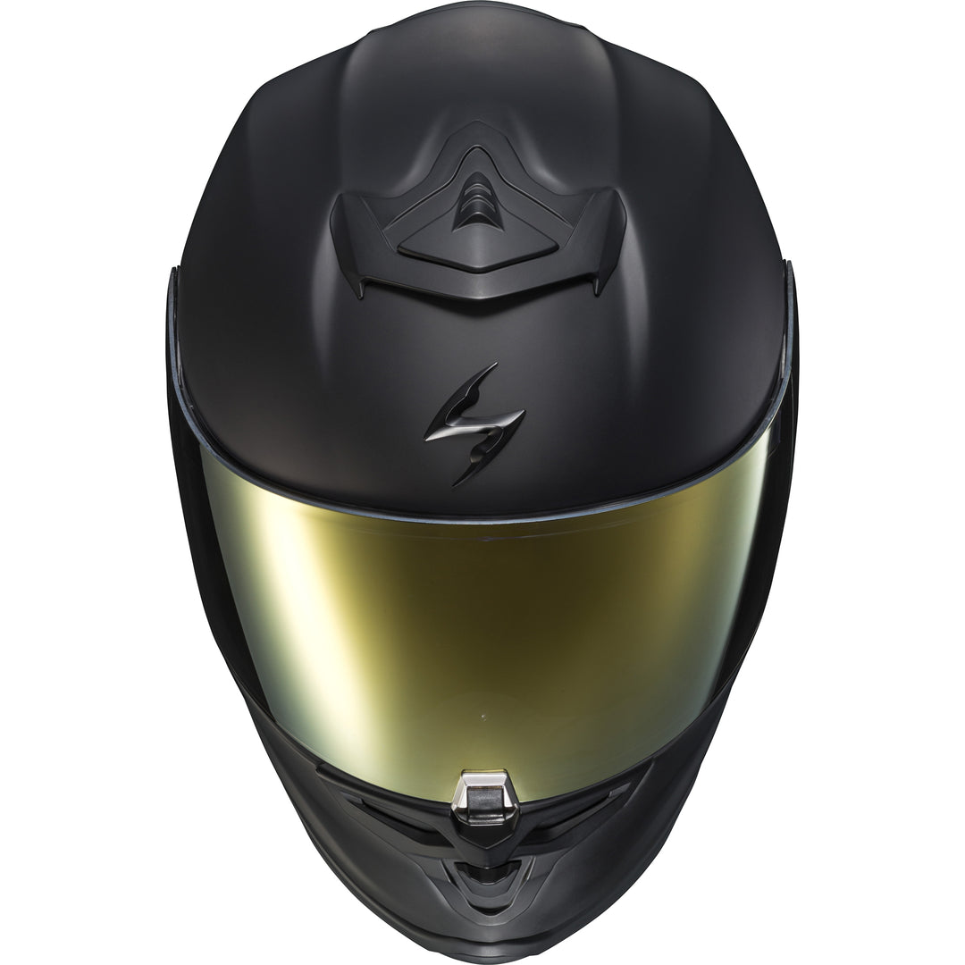 SCORPION EXO EXO-R1 Air Solid Helmet Matte Black - Front Top View with Gold Mirror Faceshield