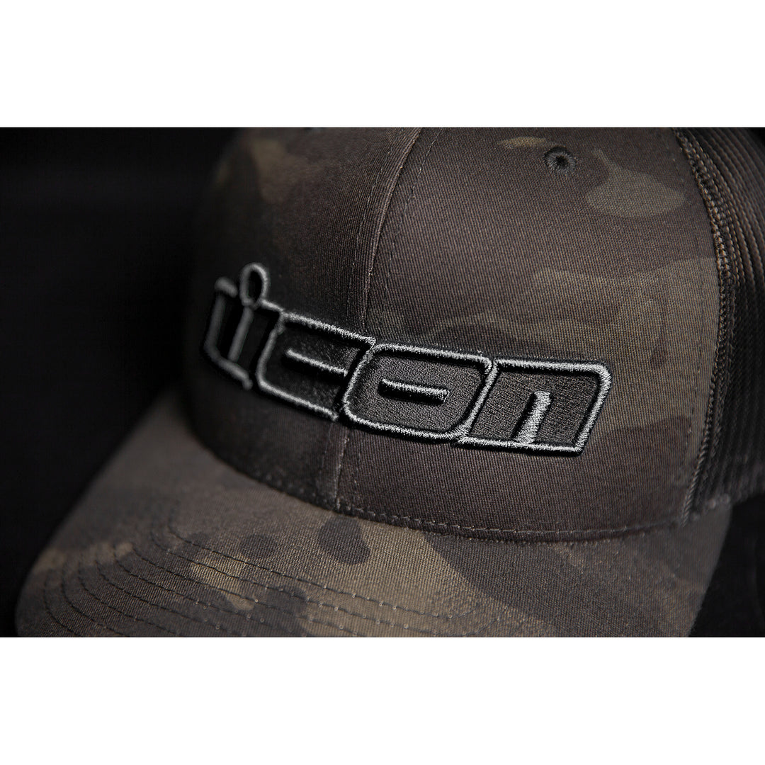 ICON MC Punch™ Hat Black Camo - Close-Up of Stitched Logo Graphic on Front