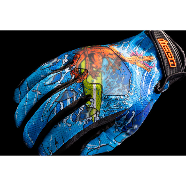 ICON Hooligan Dino Fury Gloves Blue - Close-up of Back of Hand