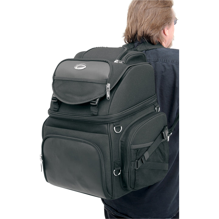 SADDLEMEN BR3400 Backseat or Sissy Bar Bag - Front View of Bag While Worn as Backpack