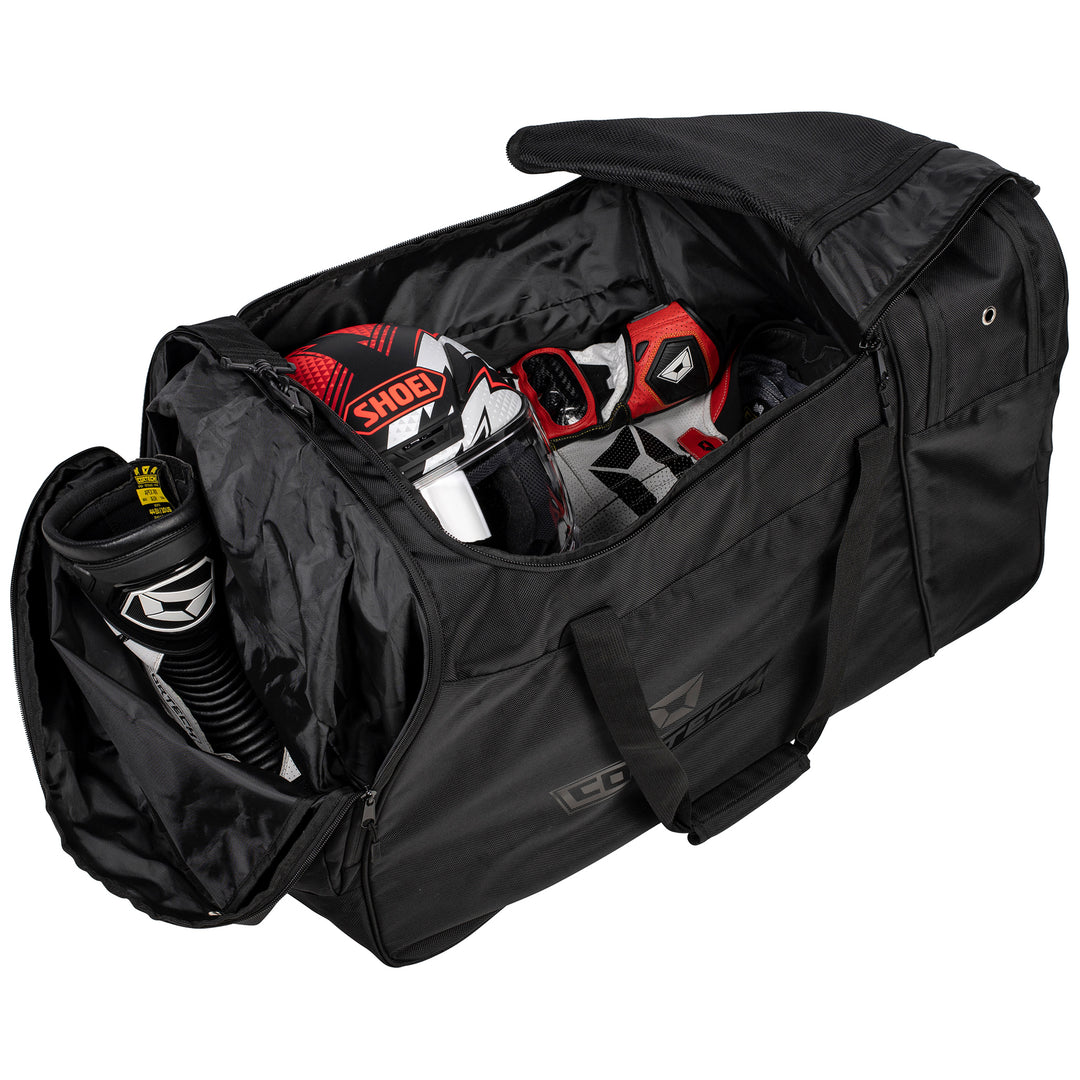 Cortech Tracker Roller Gear Bag - Angled Side View of Open Bag with Gear in Both Sections
