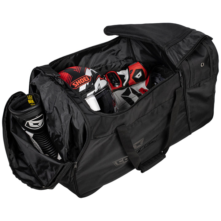 Cortech Tracker Roller Gear Bag - Angled Side View of Open Bag with Gear in Both Sections