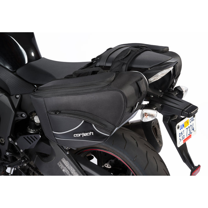 Cortech Super 2.0 36L Saddlebags - Angled Side View Installed on Black Motorcycle