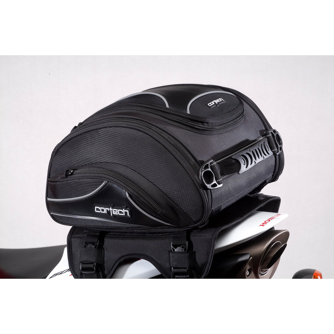 Cortech Super 2.0 14L Tail Bag - Angled Side View on Tail of White Motorcycle