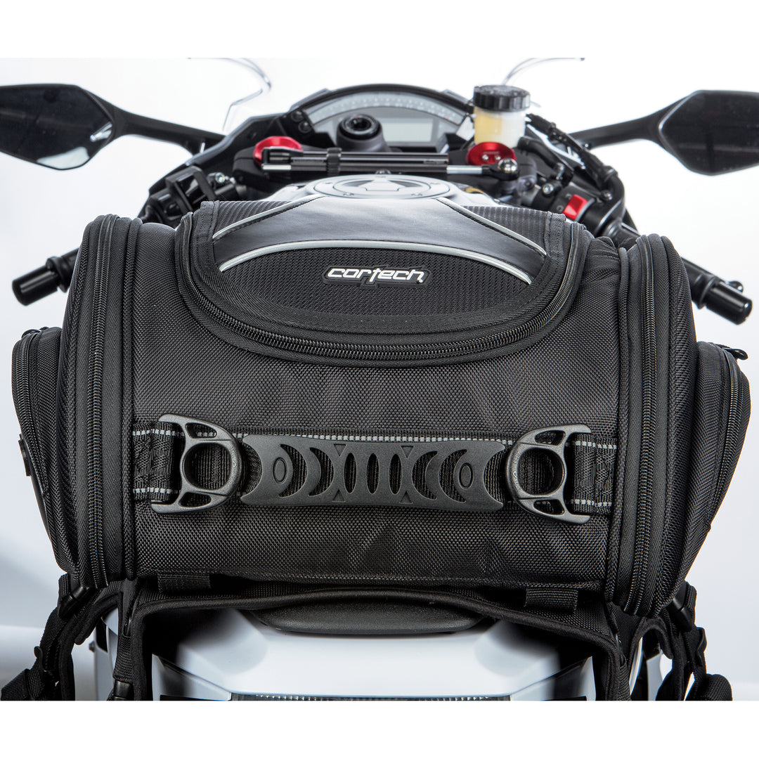 Cortech Super 2.0 24L Tail Bag - Forward Facing View Attached to White Motorcycle Tank