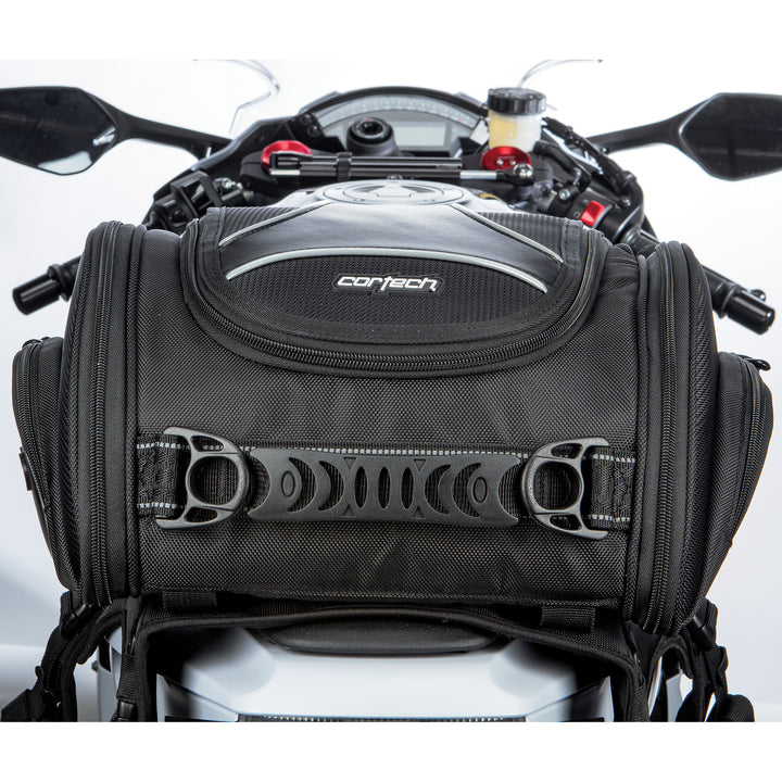 Cortech Super 2.0 14L Tail Bag - Forward-Facing View Attached to White Motorcycle Tank