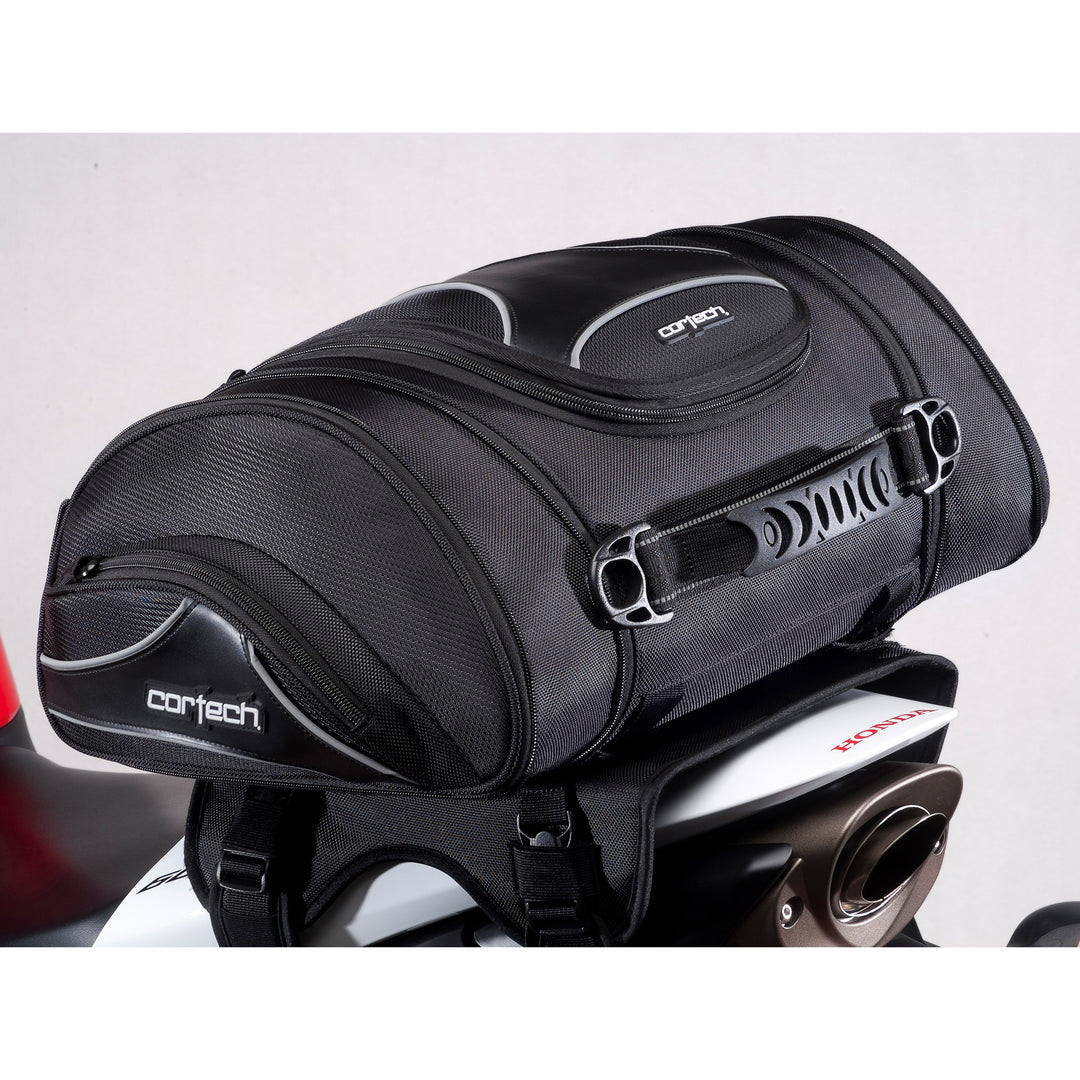 Cortech Super 2.0 14L Tail Bag - Angled Side View on Tail of White Motorcycle