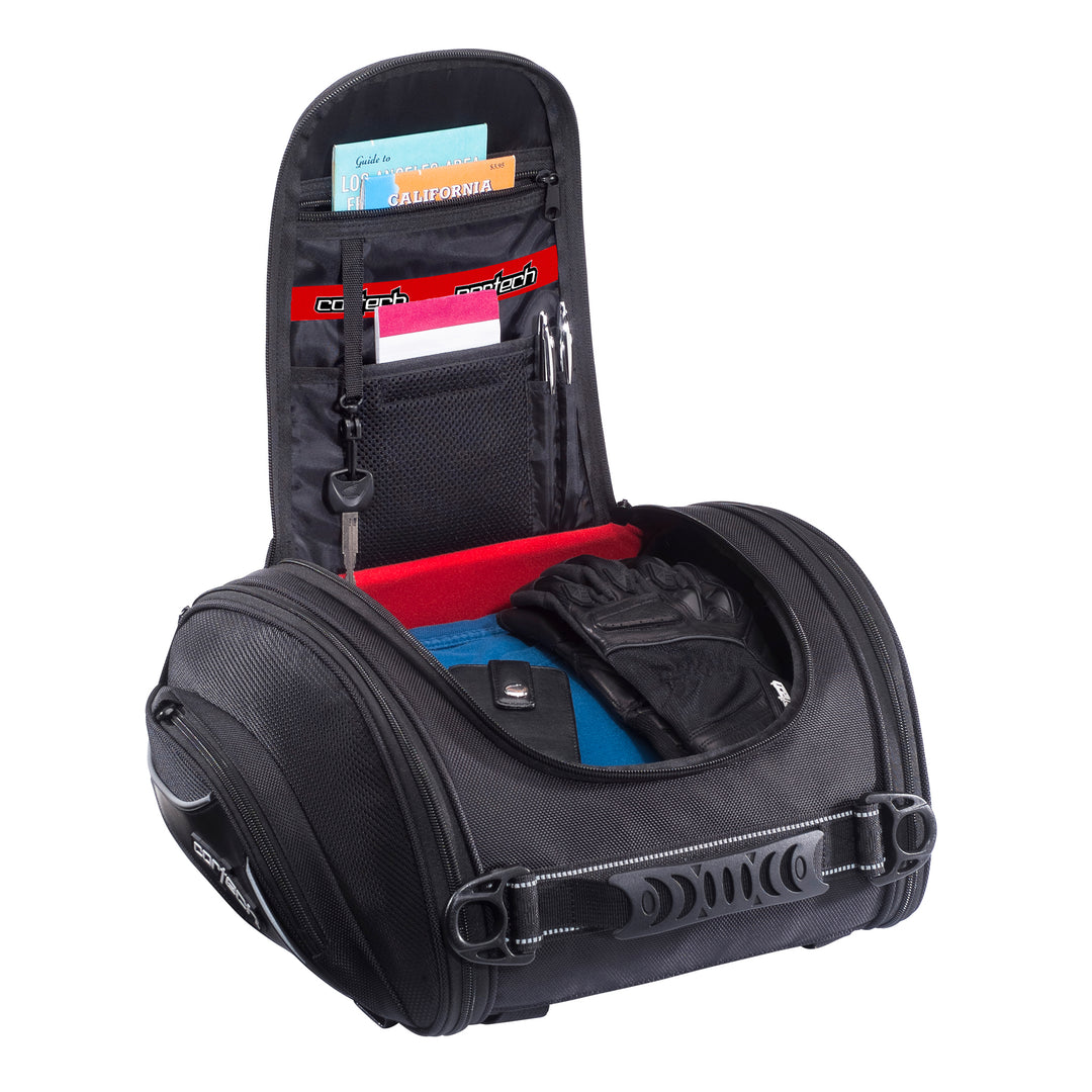 Cortech Super 2.0 24L Tail Bag - Angled Side View of Open Bag with gear and maps inside