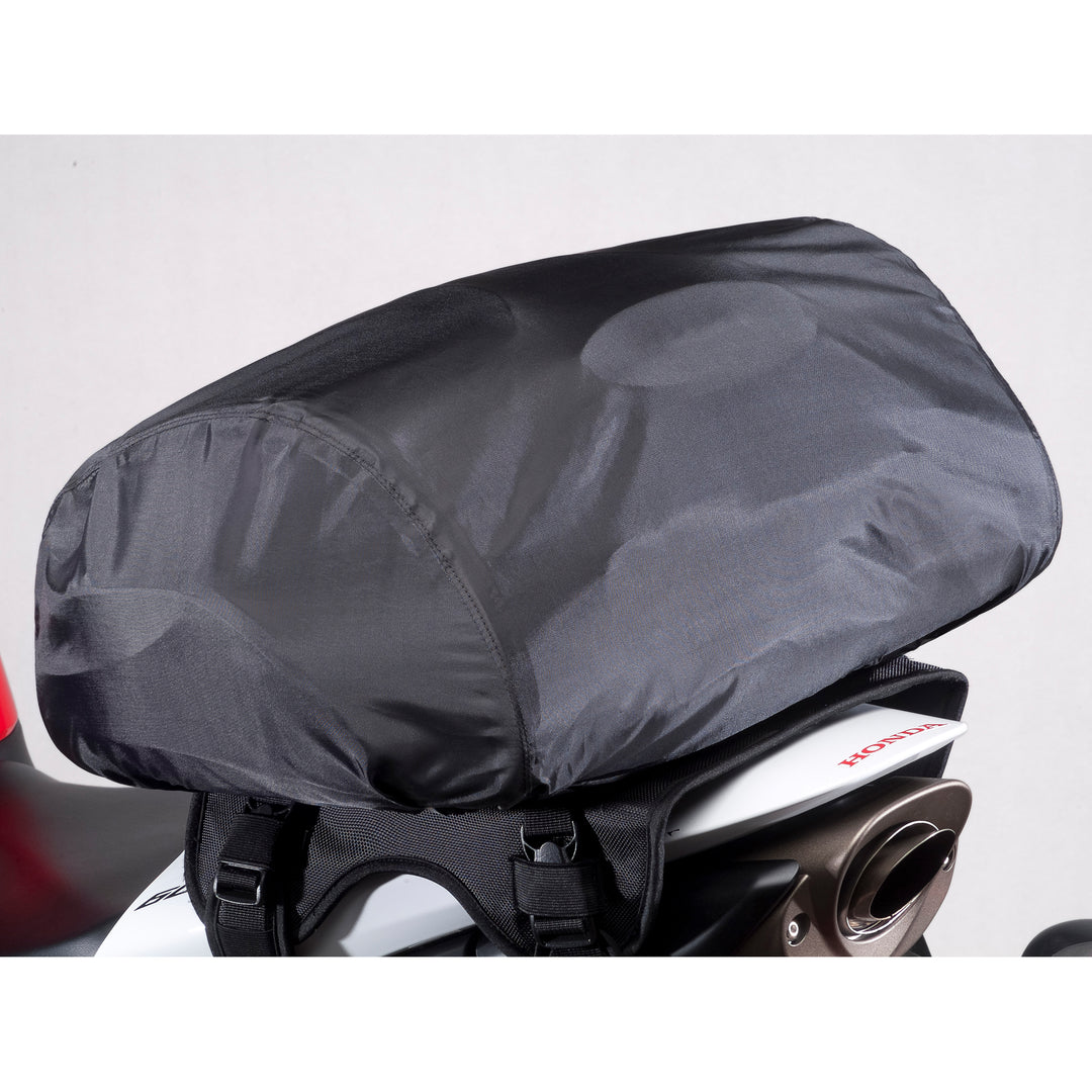 Cortech Super 2.0 14L Tail Bag - Angled Side View on Tail of White Motorcycle with Rain Cover