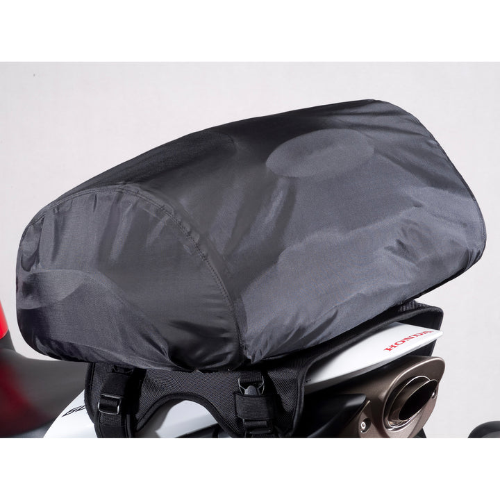 Cortech Super 2.0 14L Tail Bag - Angled Side View on Tail of White Motorcycle with Rain Cover