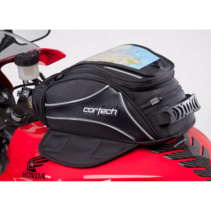 Cortech SUPER 2.0 18L MAG TNKBAG BLK - Angled Side View on Red Motorcycle Tank