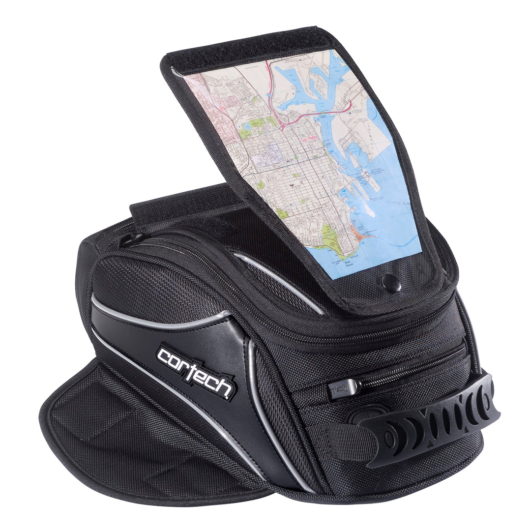 Cortech SUPER 2.0 12L MAG TNKBAG BLK - Angled Side View with Top Flap Raised to display inserted map