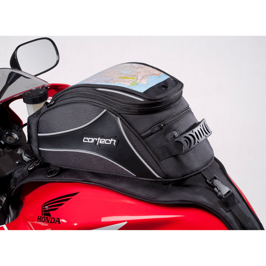 Cortech Super 2.0 12L Tank Bag - Angled Side View on Red Motorcycle Tank