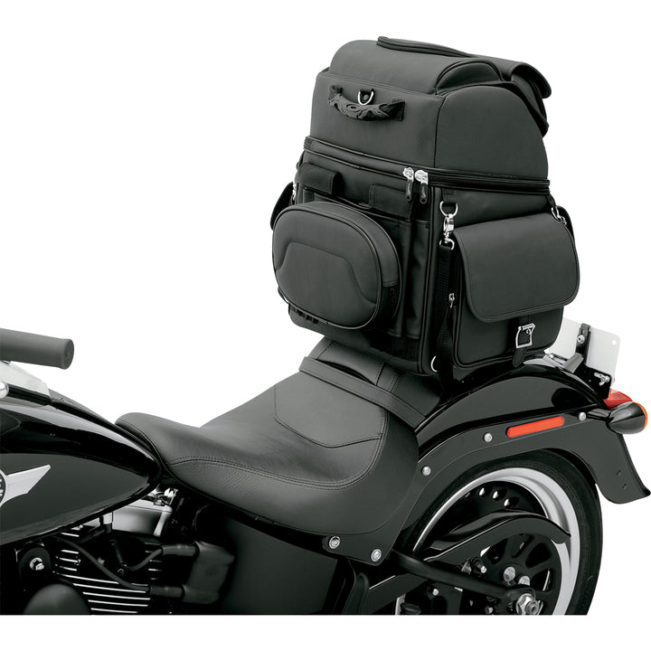 SADDLEMEN BR3400EX Combination Backrest, Backseat, and Sissy Bar Bag - Rear Side View of Bag Attached to Backrest