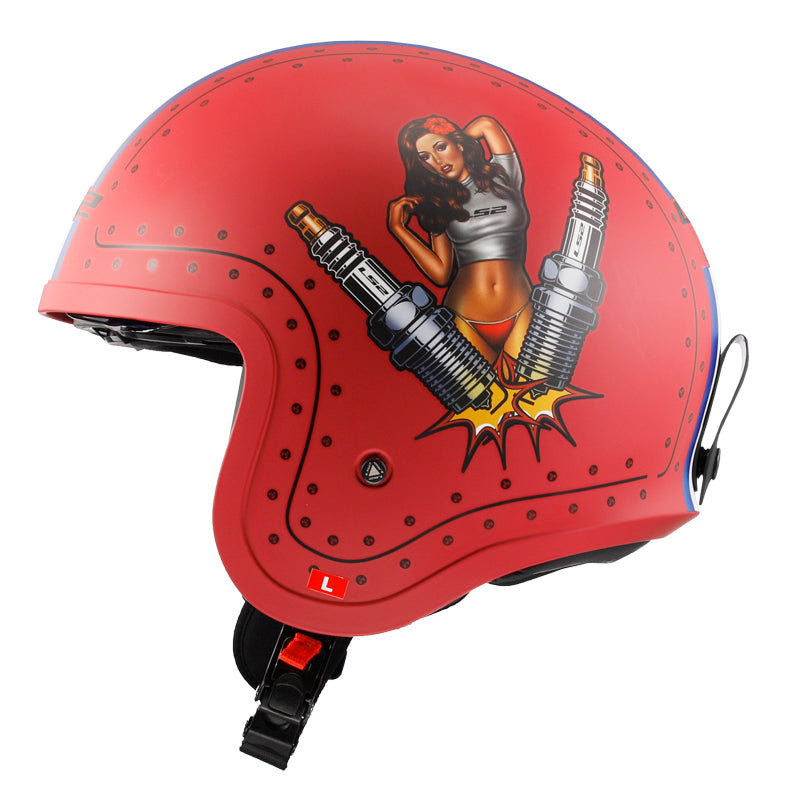 LS2 Helmets Spitfire Spark Motorcycle Open Face & 3/4 Helmet Primer Red - Left Side View with Sun Visor Raised