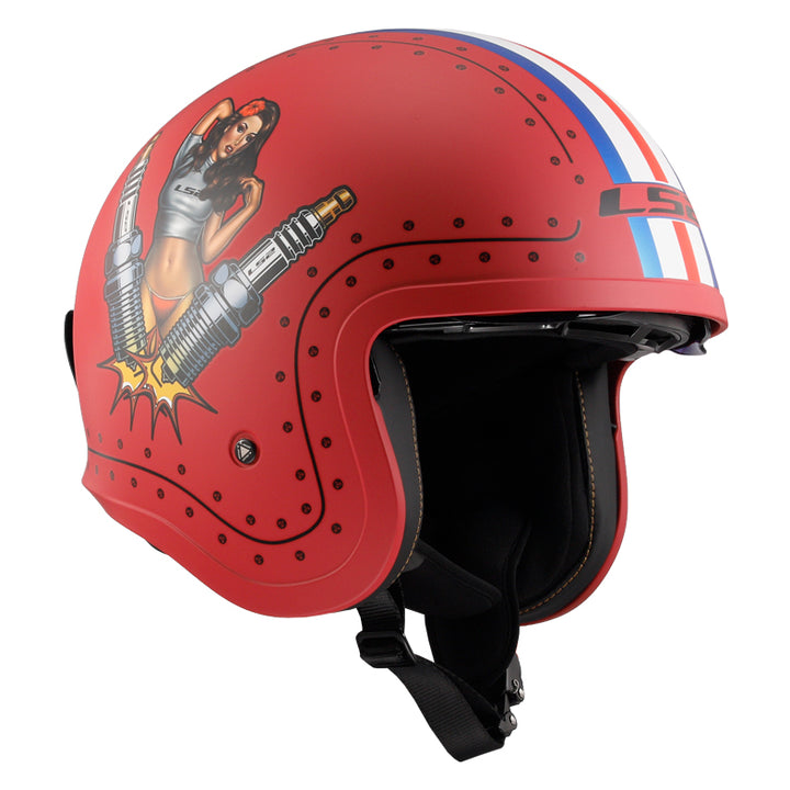 LS2 Helmets Spitfire Spark Motorcycle Open Face & 3/4 Helmet Primer Red - Front Right Side View with Sun Visor Raised