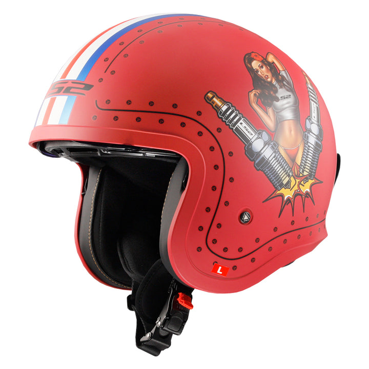 LS2 Helmets Spitfire Spark Motorcycle Open Face & 3/4 Helmet Primer Red - Front Left Side View with Sun Visor Raised