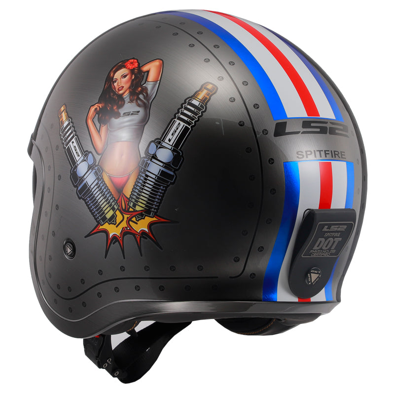 LS2 Helmets Spitfire Spark Motorcycle Open Face & 3/4 Helmet Brushed Alloy - Rear Left Side View