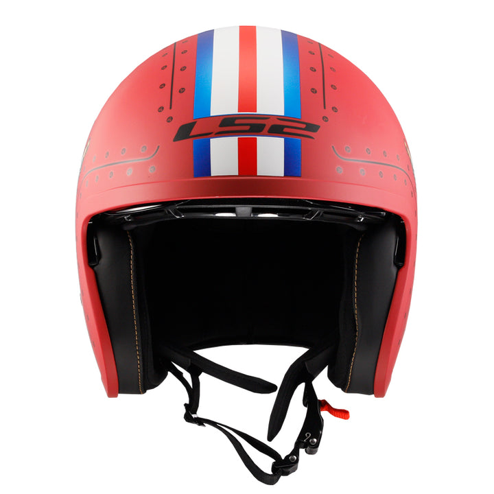 LS2 Helmets Spitfire Spark Motorcycle Open Face & 3/4 Helmet Primer Red - Front View with Sun Visor Raised