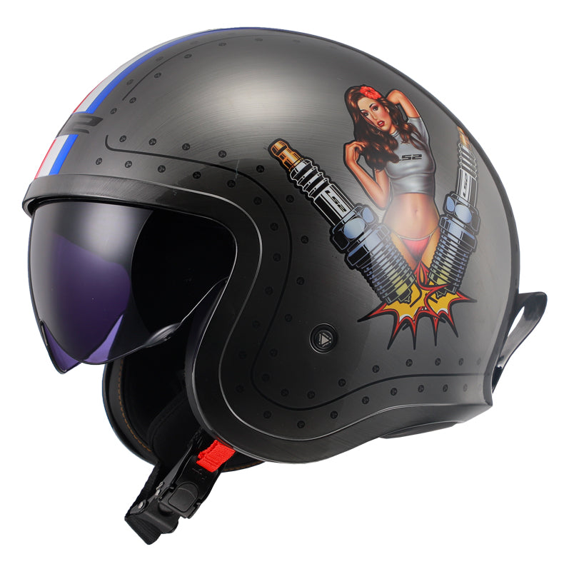 LS2 Helmets Spitfire Spark Motorcycle Open Face & 3/4 Helmet Brushed Alloy - Left Side View