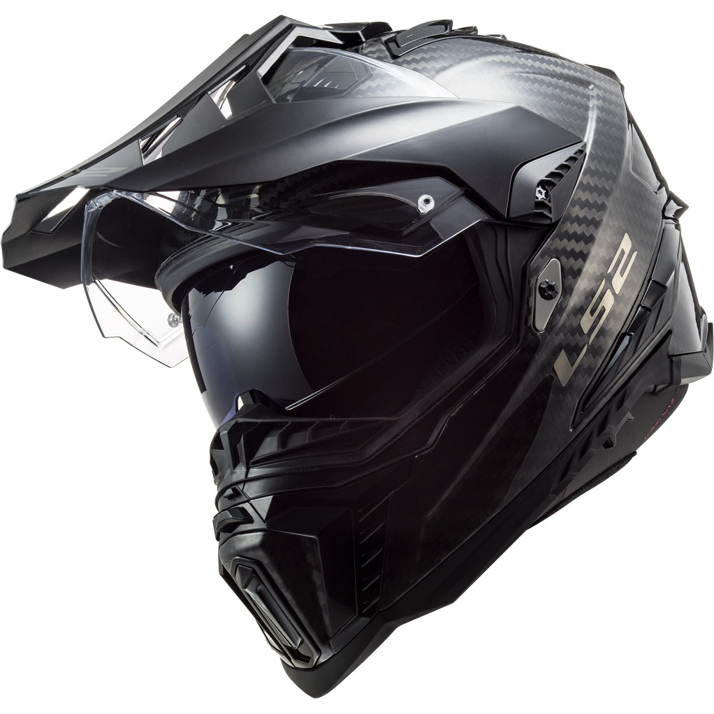 LS2 Helmets Explorer C Solid Motorcycle Dual Sport Helmet Matte Carbon - Front Left Side View with Faceshield Raised