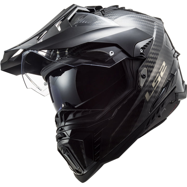 LS2 Helmets Explorer C Solid Motorcycle Dual Sport Helmet Matte Carbon - Front Left Side View with Faceshield Raised