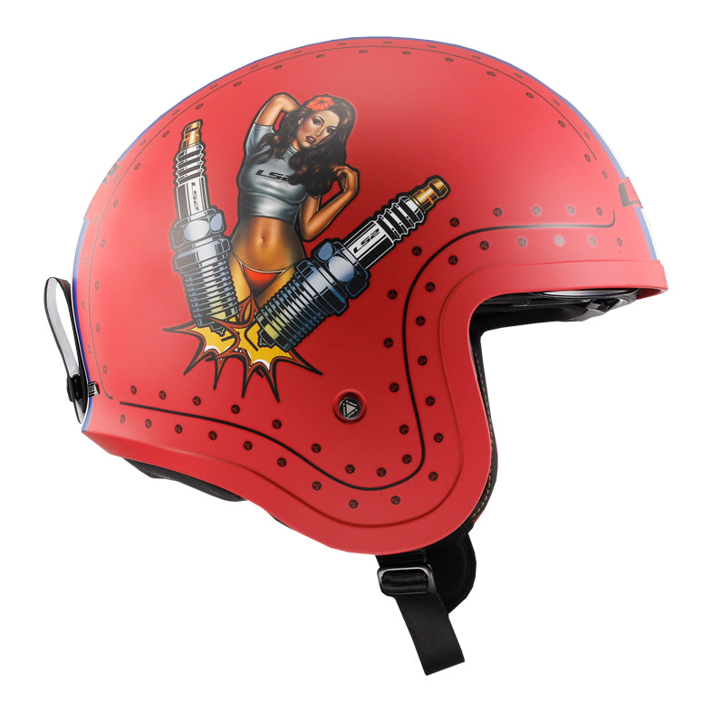 LS2 Helmets Spitfire Spark Motorcycle Open Face & 3/4 Helmet Primer Red - Right Side View with Sun Visor Raised
