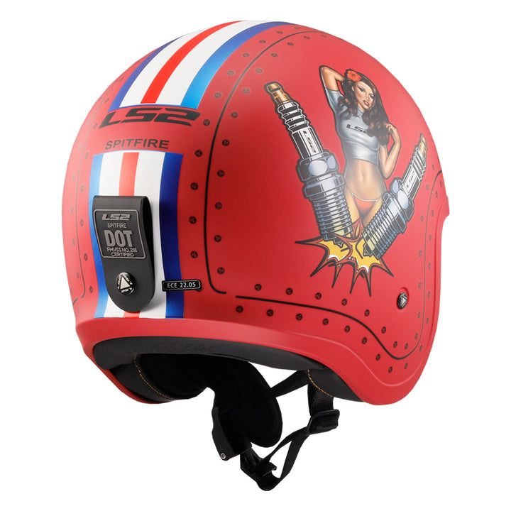 LS2 Helmets Spitfire Spark Motorcycle Open Face & 3/4 Helmet Primer Red - Rear Right Side View
