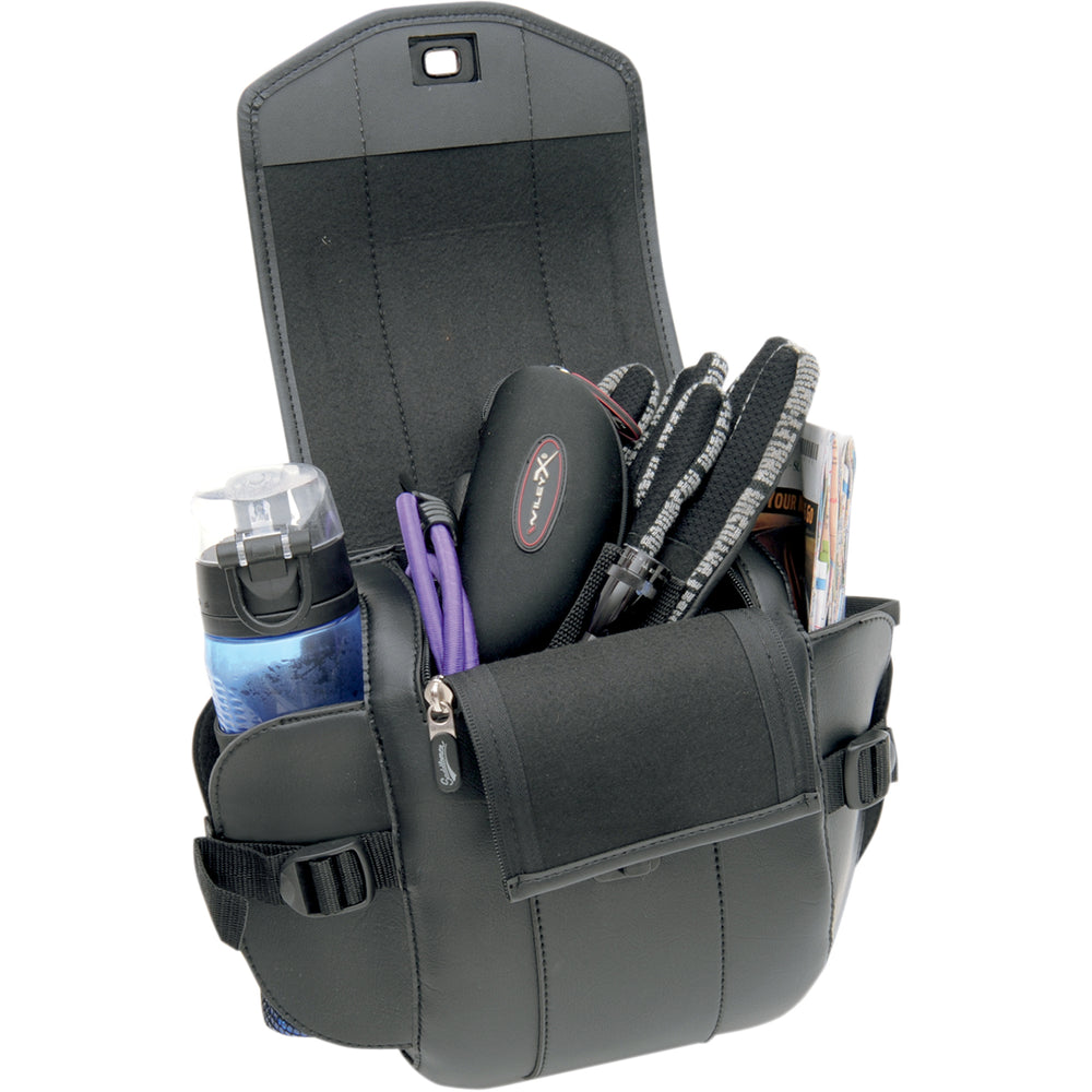 SADDLEMEN Cruis'n Deluxe Sissy Bar Bag - Angled Front View with Main Flap Open and All Pockets Stuffed with Gear