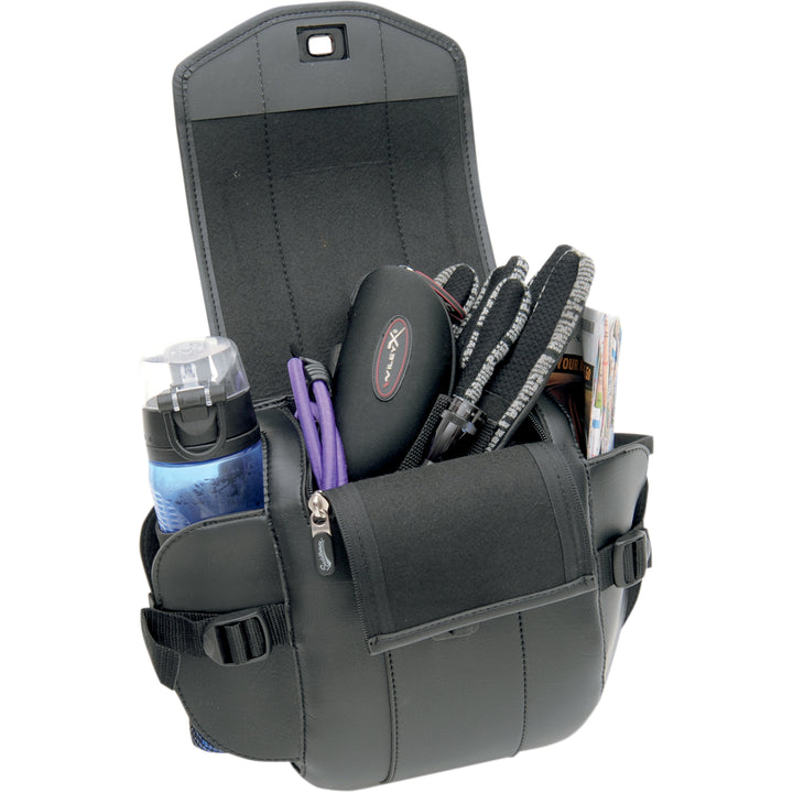 SADDLEMEN Cruis'n Deluxe Sissy Bar Bag - Angled Front View with Main Flap Open and All Pockets Stuffed with Gear