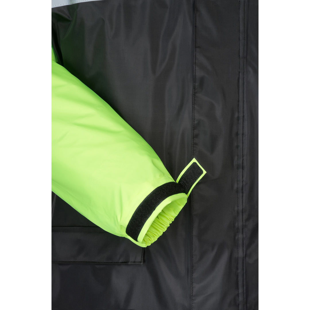 Tourmaster Shield Two-Piece Rainsuit Black/Hi-Viz - Close-Up of Wrist Adjustment Strap