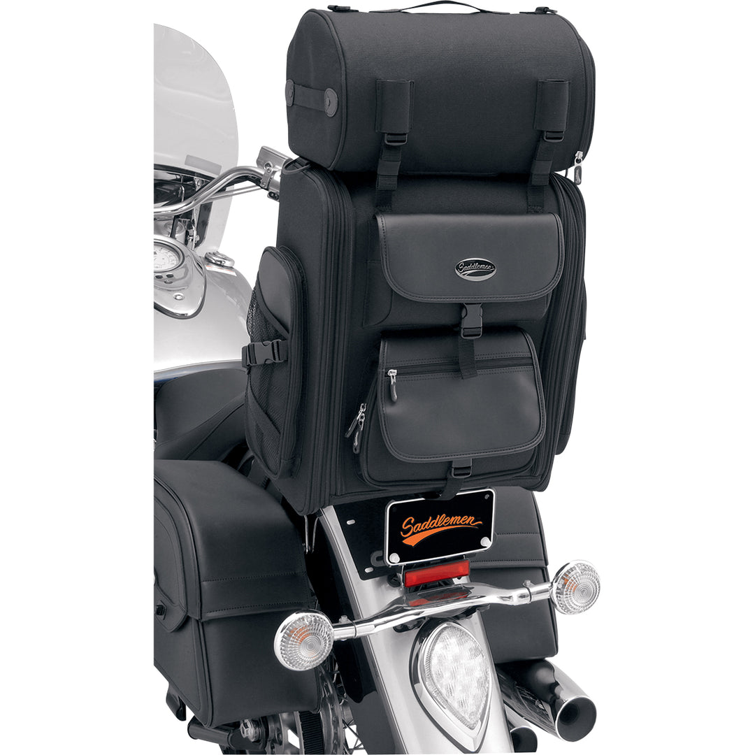 SADDLEMEN S2200E Expandable Sissy Bar Bag - Front View Attached to Passenger Backrest