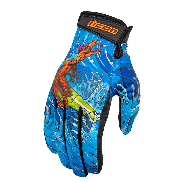 ICON Hooligan Dino Fury Gloves Blue - Back of Hand View