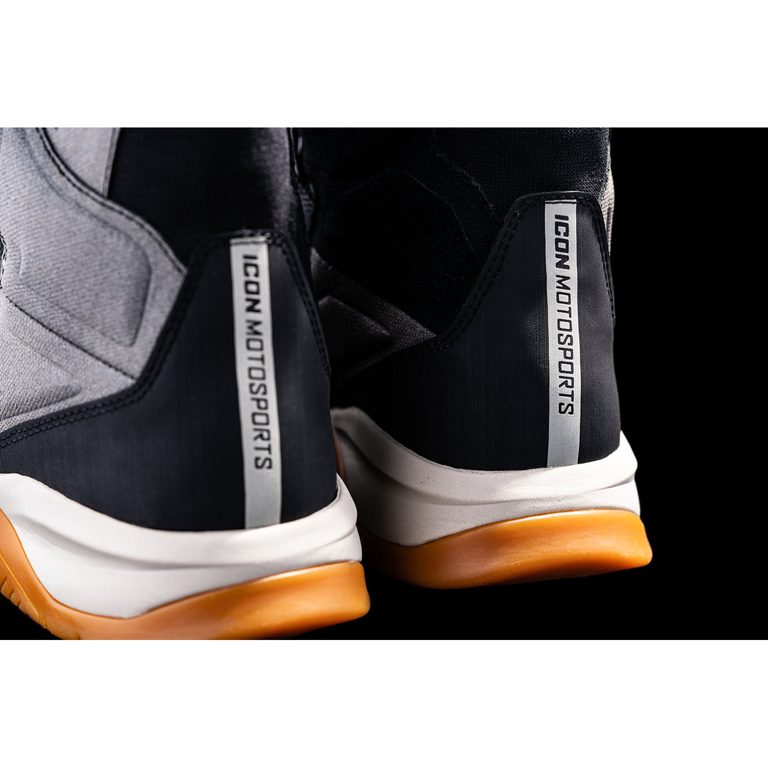 ICON Alcan Waterproof Boots Gray - Close-Up of Logos on Back of Pair