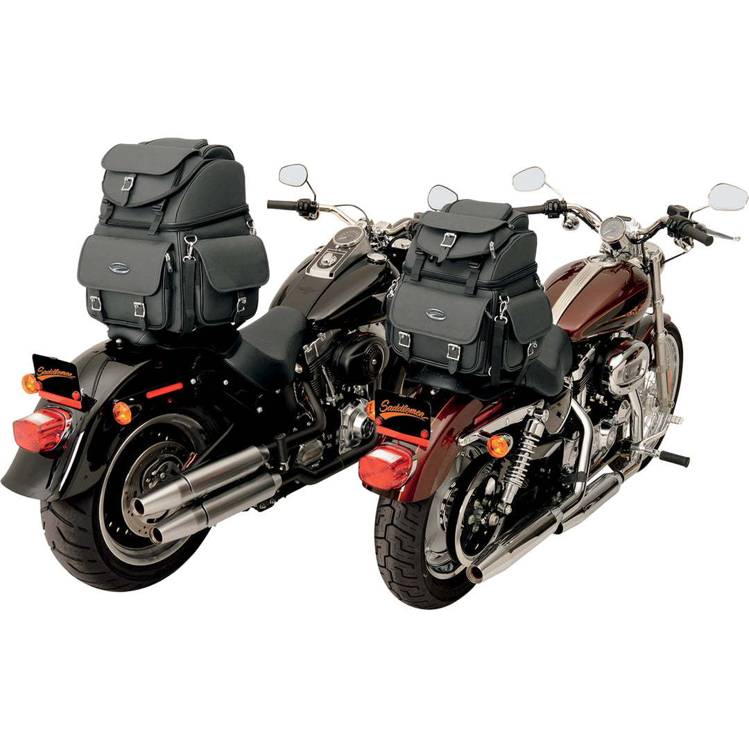 SADDLEMEN BR3400EX Combination Backrest, Backseat, and Sissy Bar Bag - Front Side View of Pair on Tails of Two Motorcycles