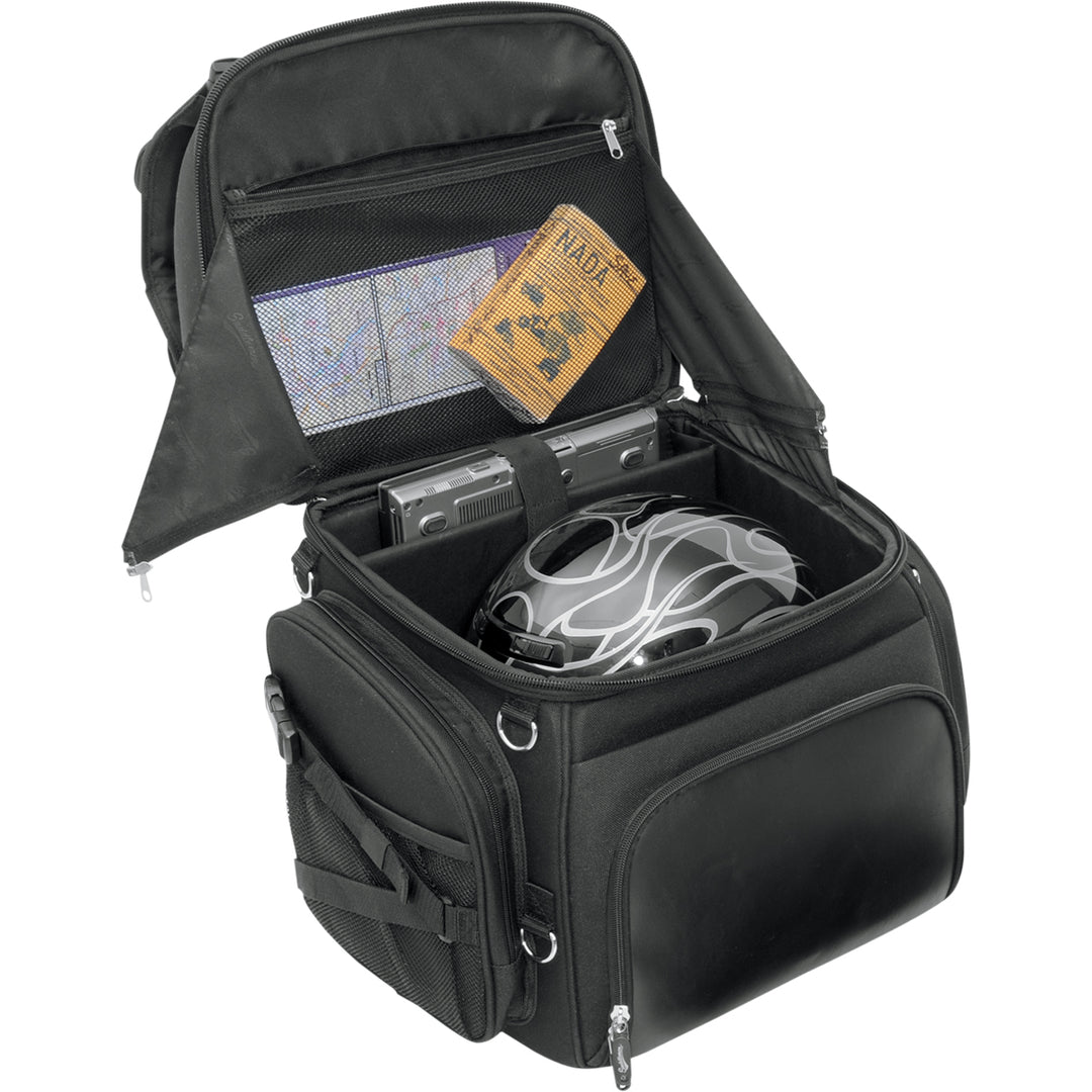 SADDLEMEN BR3400 Backseat or Sissy Bar Bag - Front Side View with Top Open, Showing Gear Packed Inside