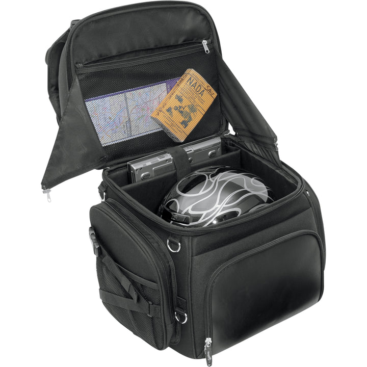 SADDLEMEN BR3400 Backseat or Sissy Bar Bag - Front Side View with Top Open, Showing Gear Packed Inside