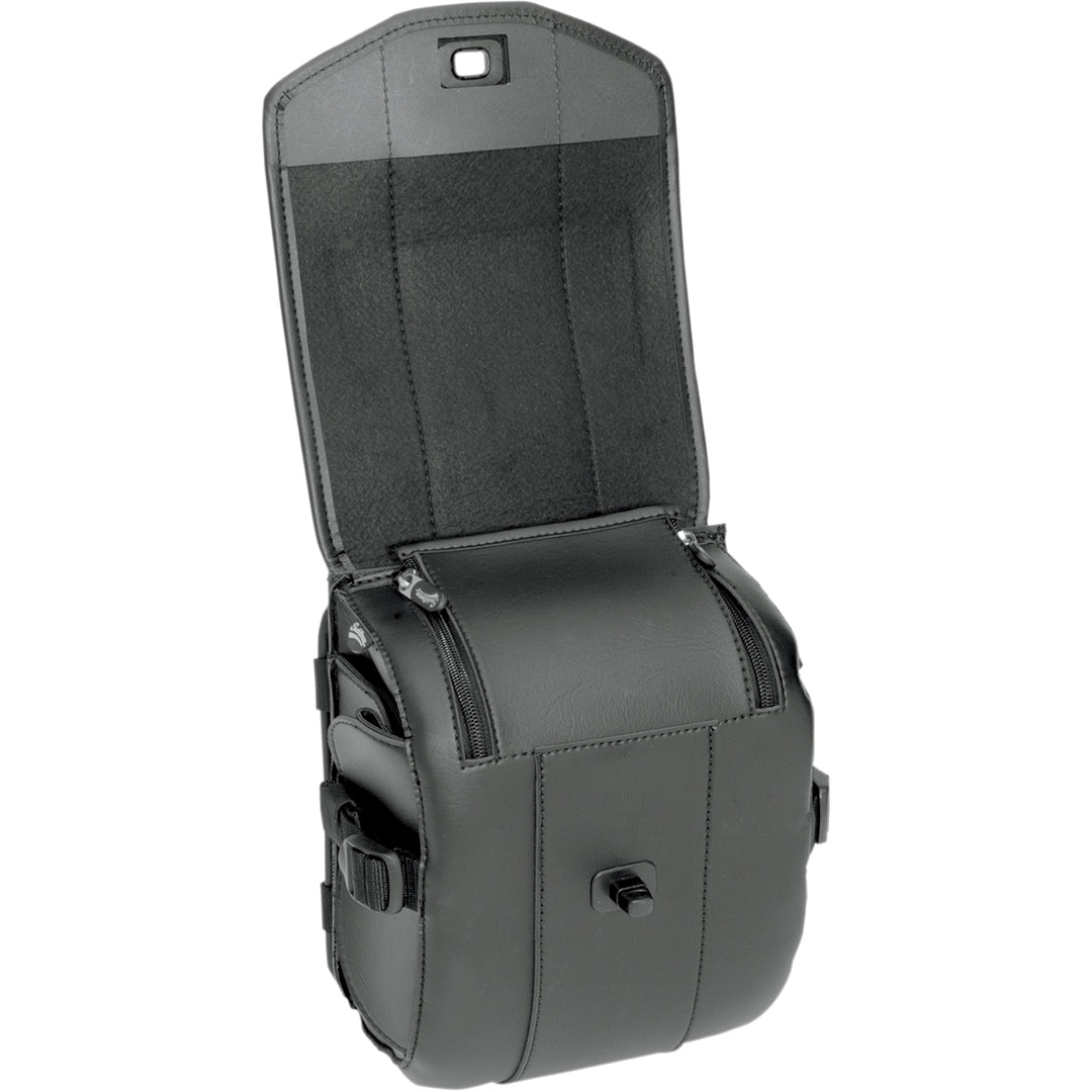 SADDLEMEN Cruis'n Deluxe Sissy Bar Bag - Angled Front View with Top Flap Raised