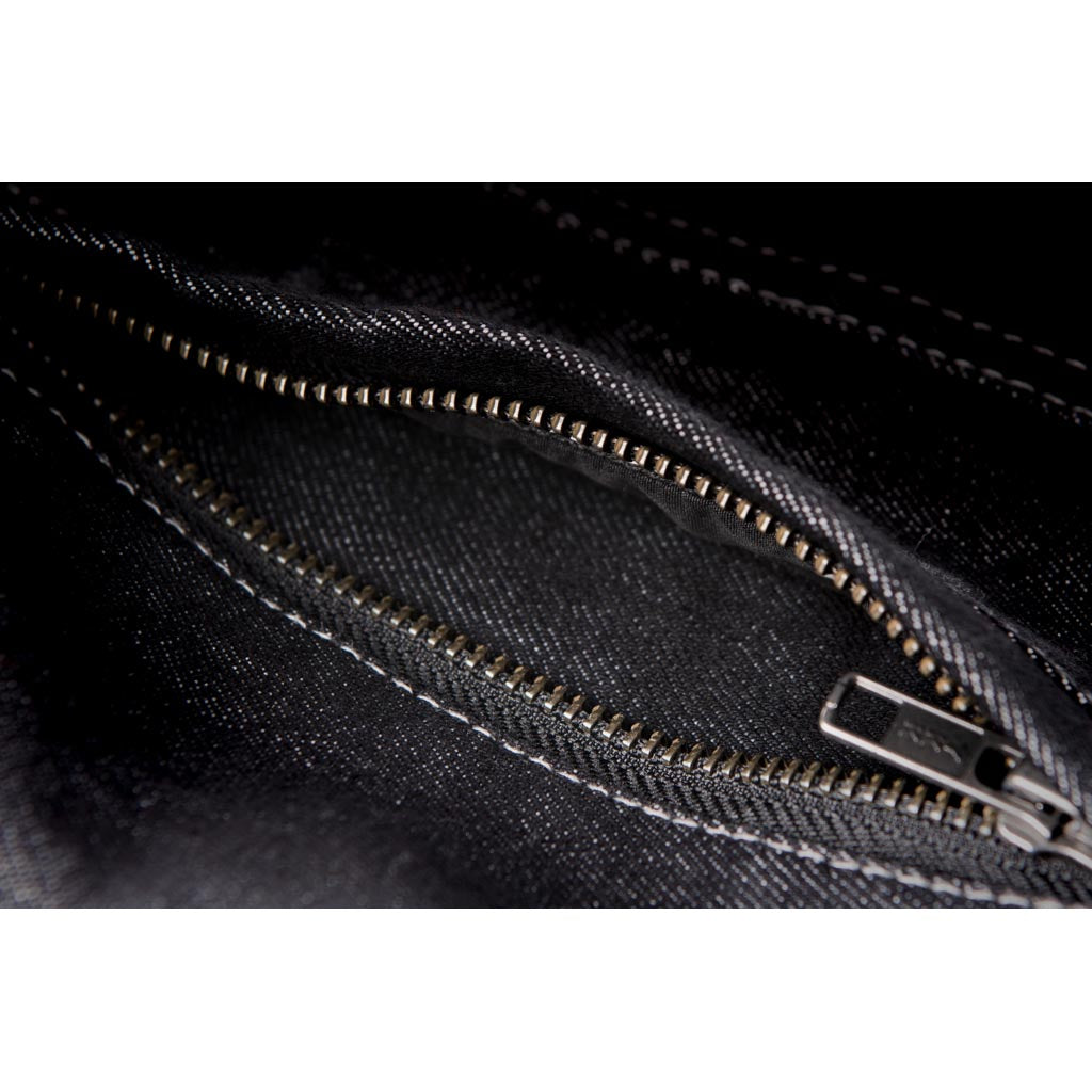Highway 21 Iron Sights Club Collar Denim Vest Black - Close-Up of Unzipped Zipper Pocket