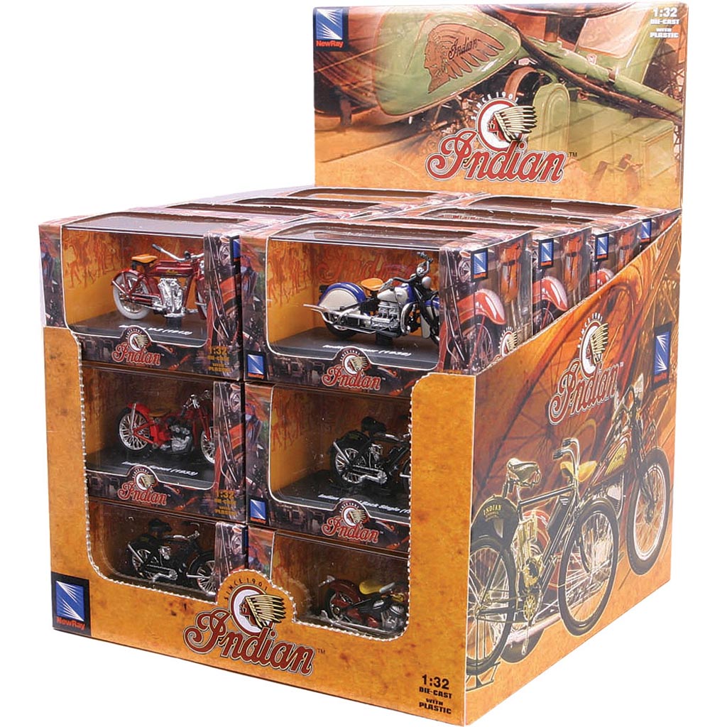 New-Ray Toys Die-Cast Replica 24/Pc Indian Bike Asstd 1:32 - Front Side View of Package