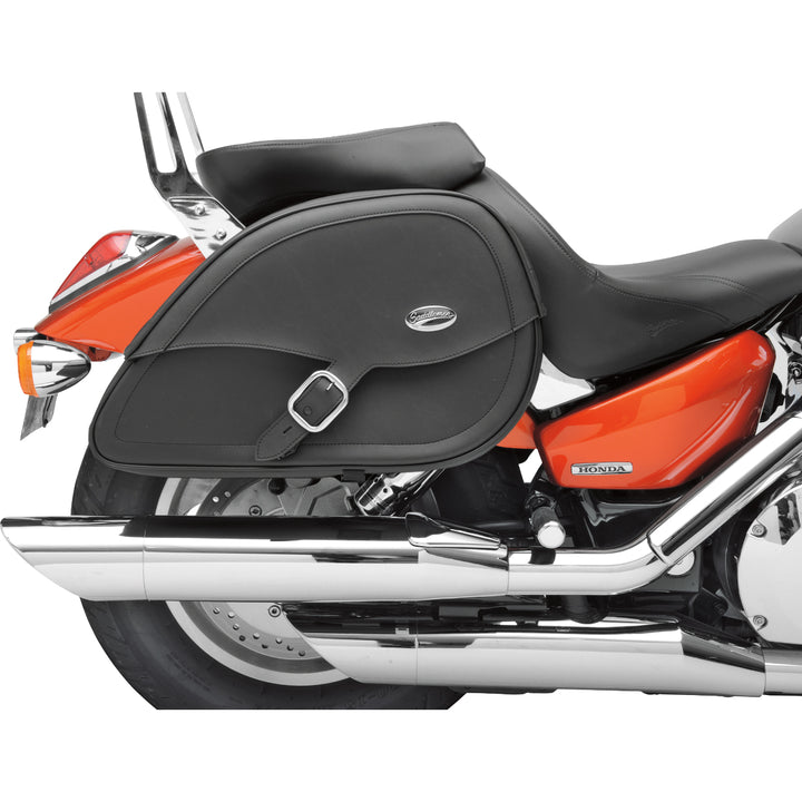 SADDLEMEN Drifter Teardrop Saddlebags with Shock Cutaway - Side View Attached to Red Motorcycle