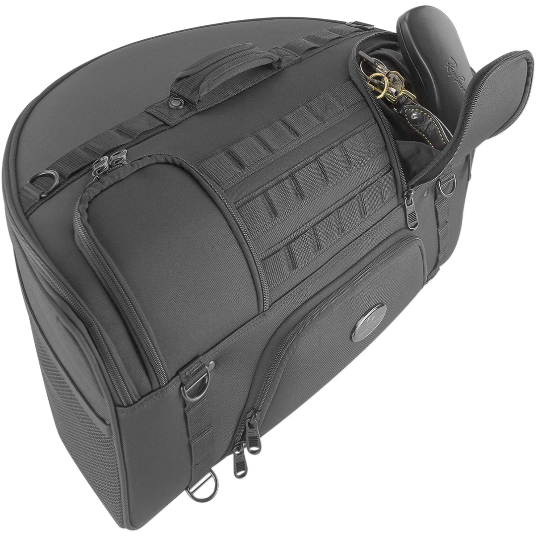 SADDLEMEN BR2200 Tactical Backrest Bag - Angled Front Side View with Pne Top Pocket Open with Gear Inside