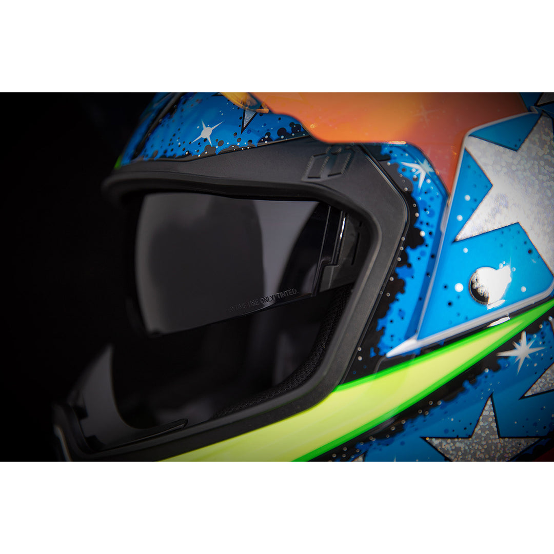 ICON Airflite™ Space Force Helmet Glory - Close-Up of Viewport with Faceshield Raised and Drop Down Sun Visor Lowered
