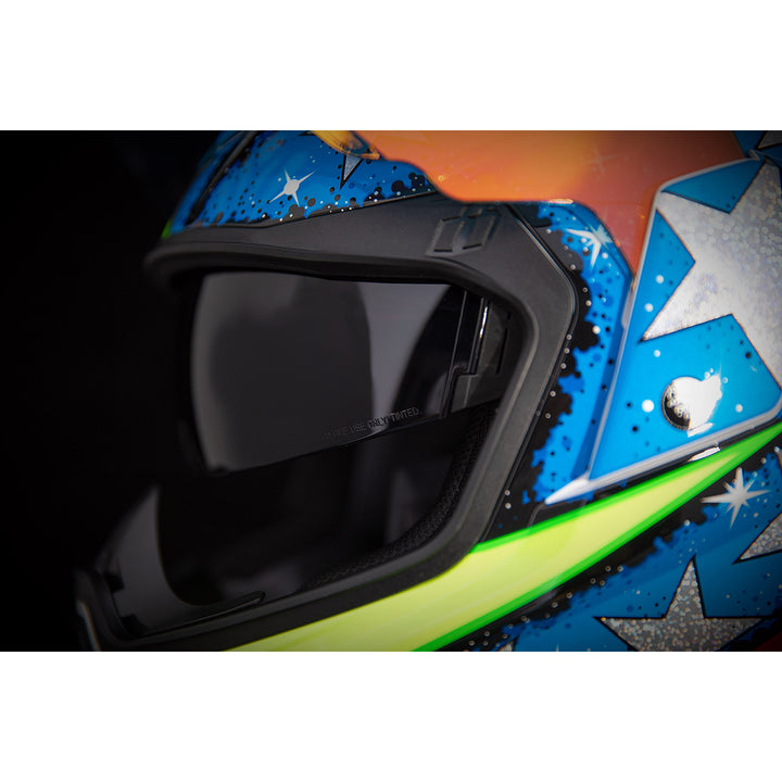 ICON Airflite™ Space Force Helmet Glory - Close-Up of Viewport with Faceshield Raised and Drop Down Sun Visor Lowered