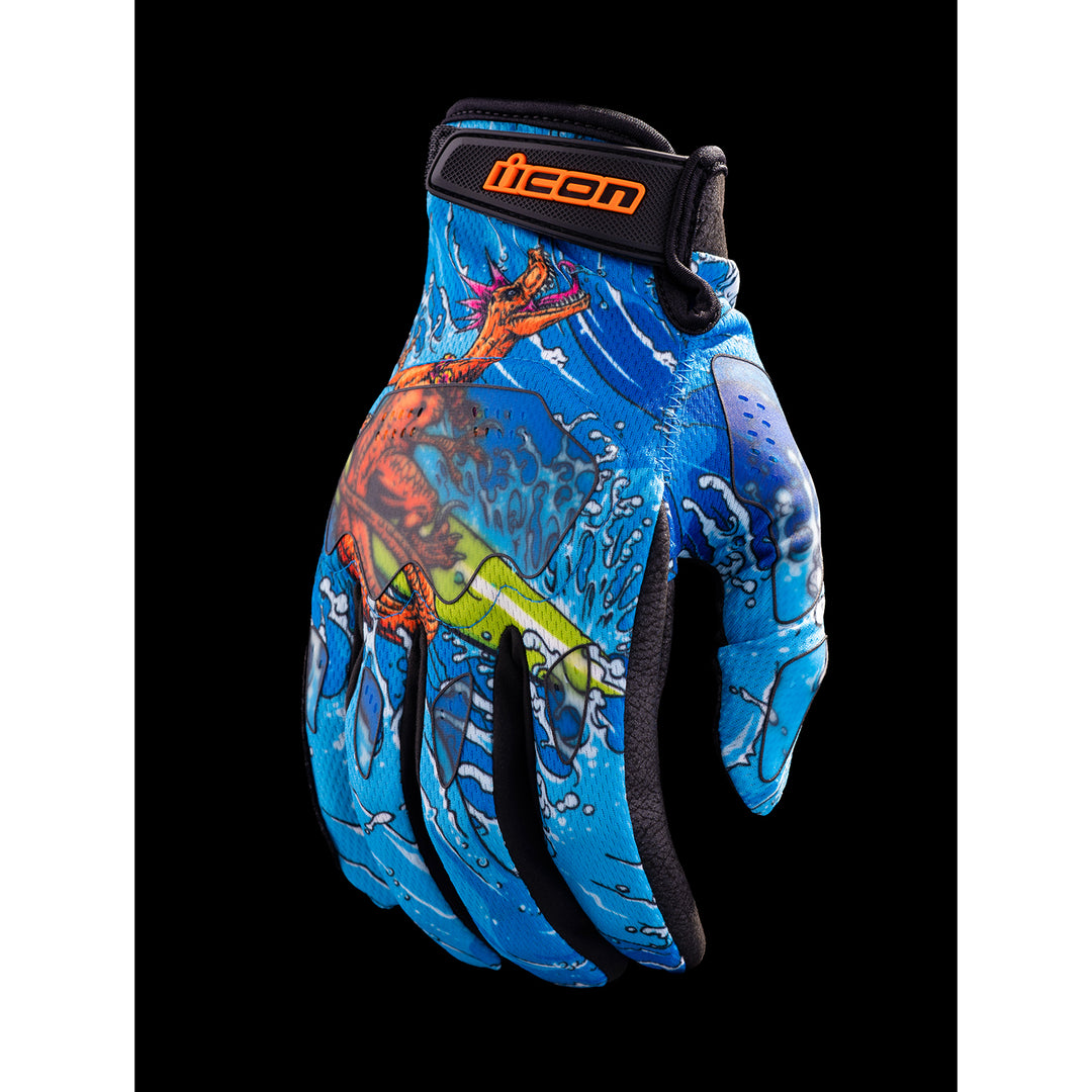 ICON Hooligan Dino Fury Gloves Blue - Back of Hand View
