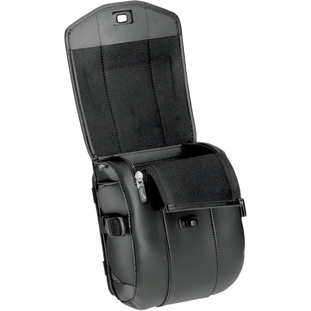 SADDLEMEN Cruis'n Deluxe Sissy Bar Bag - Angled Front View with Top Flap Raised and Main Pocket Open