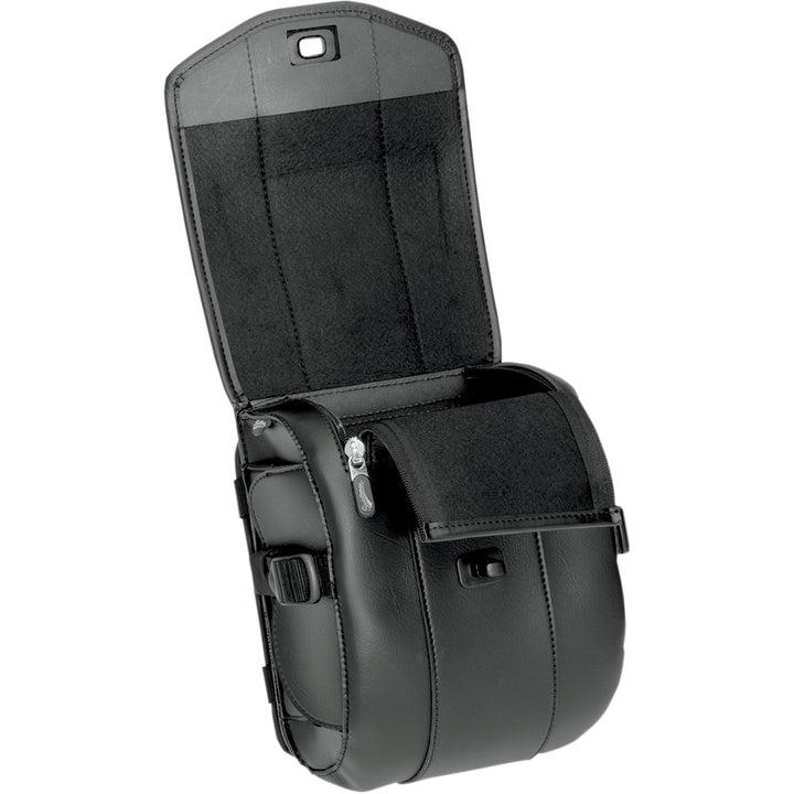 SADDLEMEN Cruis'n Deluxe Sissy Bar Bag - Angled Front View with Top Flap Raised and Main Pocket Open